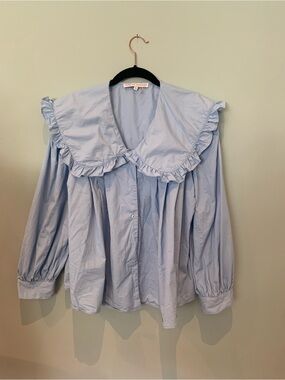 English Factory Pale Blue Ruffle Collar Button-Down Blouse